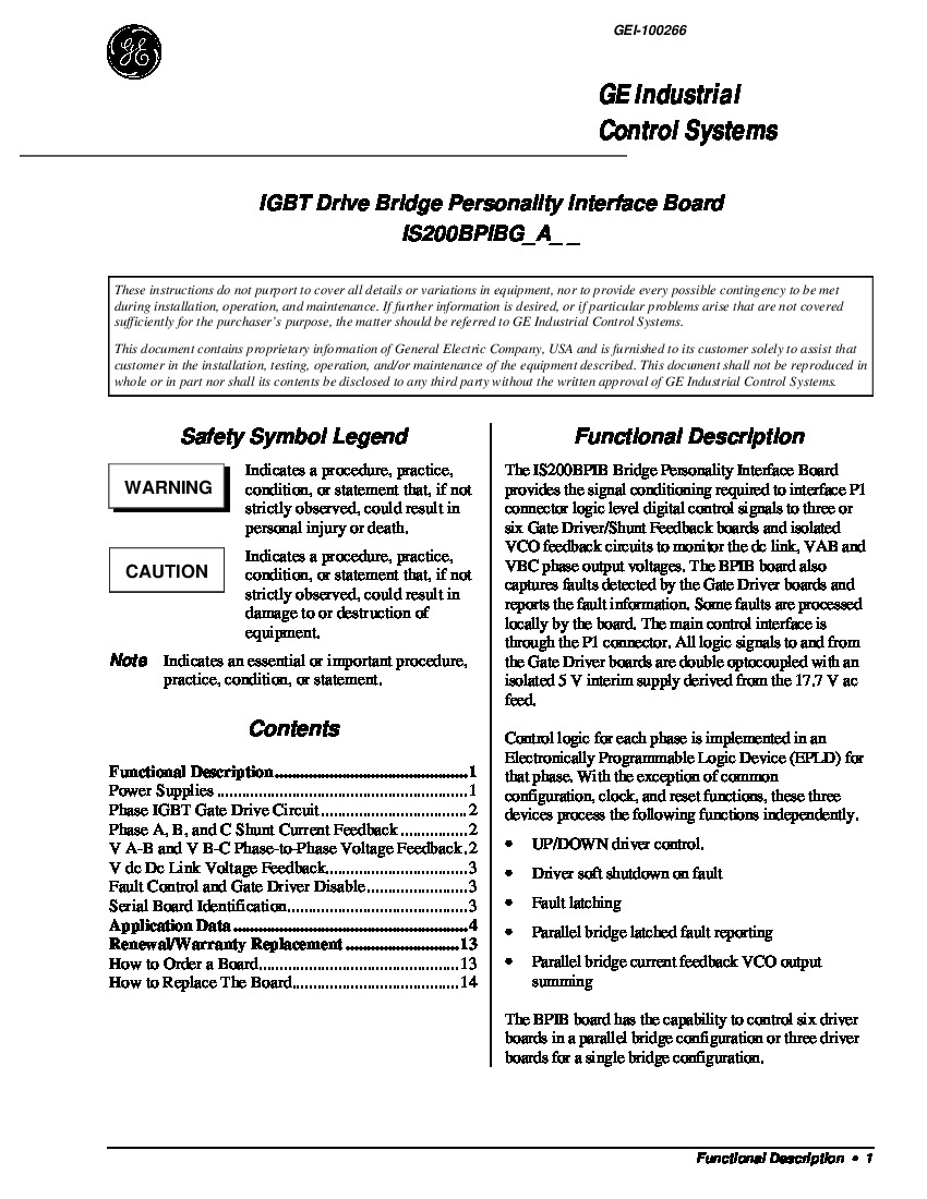 First Page Image of IS200BPIBG IGBT Drive Bridge Personality Interface Board GEI-100266.pdf